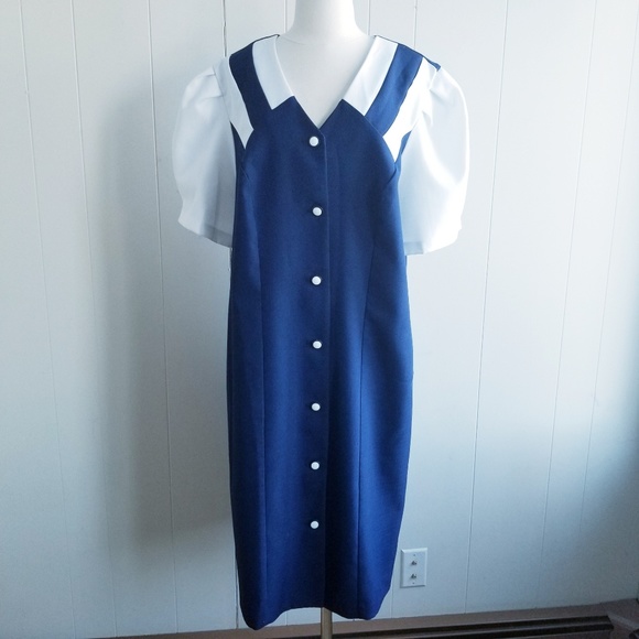 Vintage Dresses & Skirts - 1980s Cue Fashions Blue & White Dress